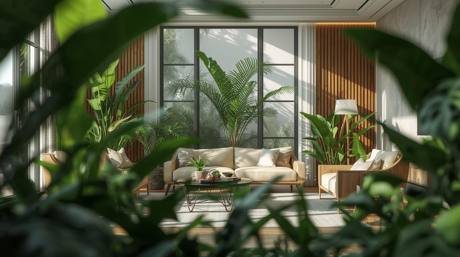 Современная гостиная с живыми растениями и фитостеной в премиум интерьере